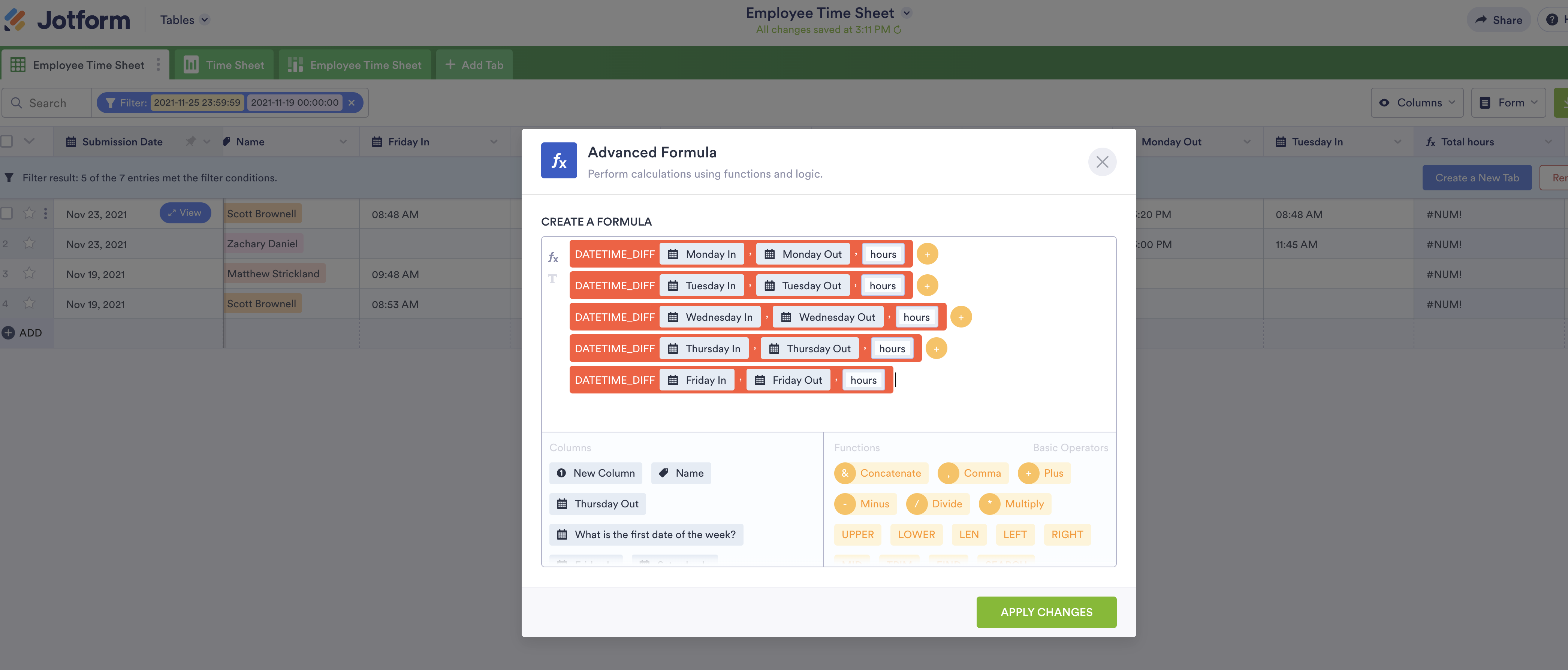 Timesheet not calculating total hours